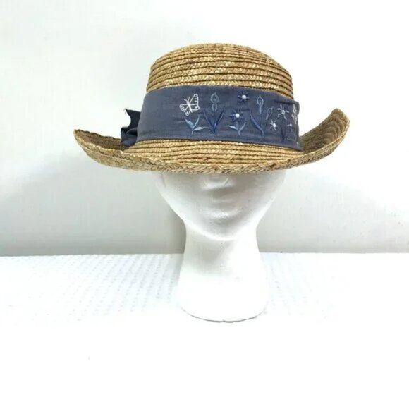 Vintage Straw Brimmed Summer Hat Floral Embroided Band